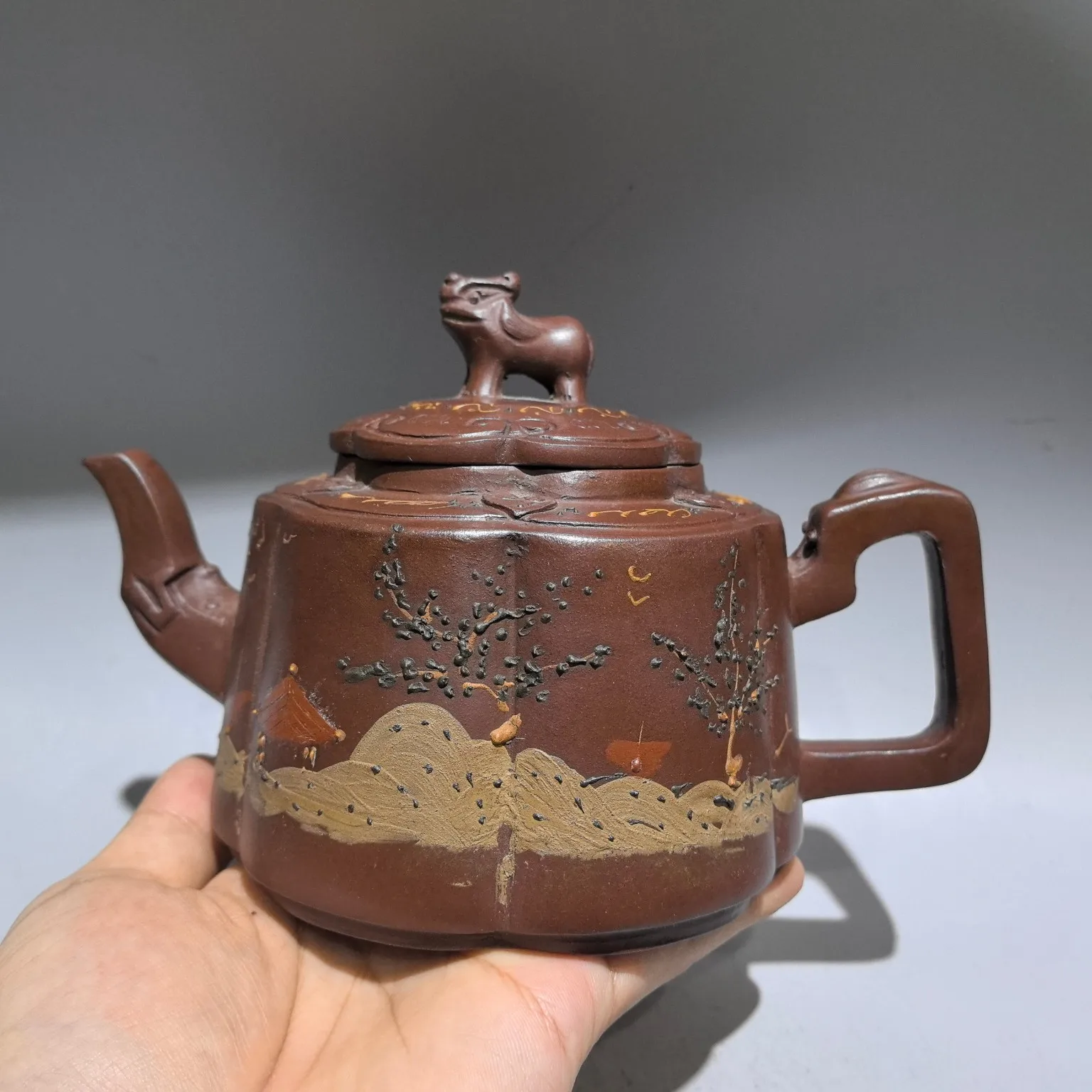 

8"Chinese Yixing Purple clay teapot Painted Landscape pattern Beast covered Kettle Teapot Pot Tea Maker Amass wealth Ornaments