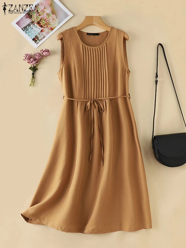 ZANZEA 2025 فستان نسائي صيفي برقبة دائرية على شكل حرف a ميدي فستان كوري غير رسمي بدون أكمام فستان صيفي غير رسمي بطيات متينة بدون أكمام #1