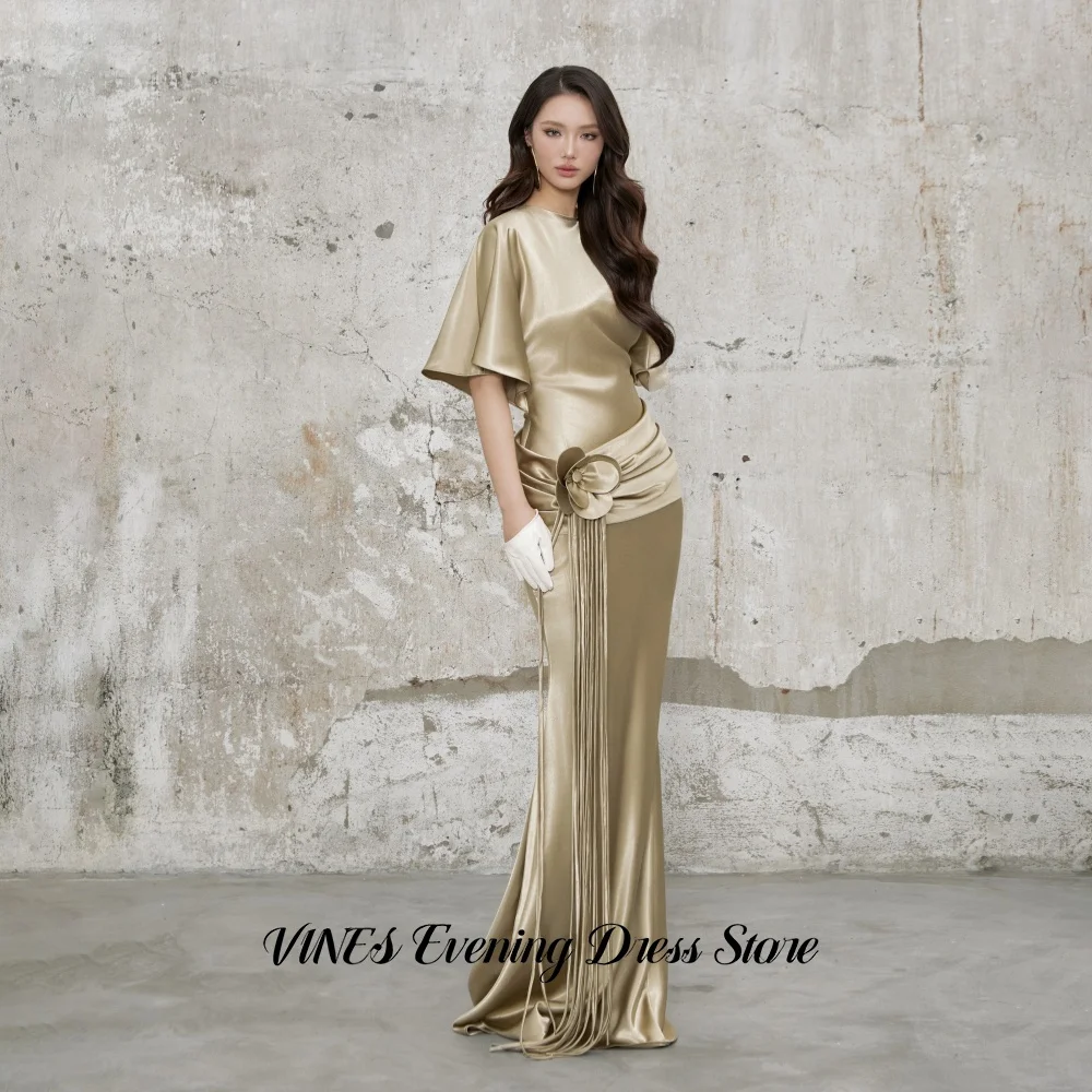 VINES Champagne Gold Mermaid Prom Dress Round‑Neck Flutter Short Sleeves Satin 3D Flower Tassels Evening Party Gown Customized