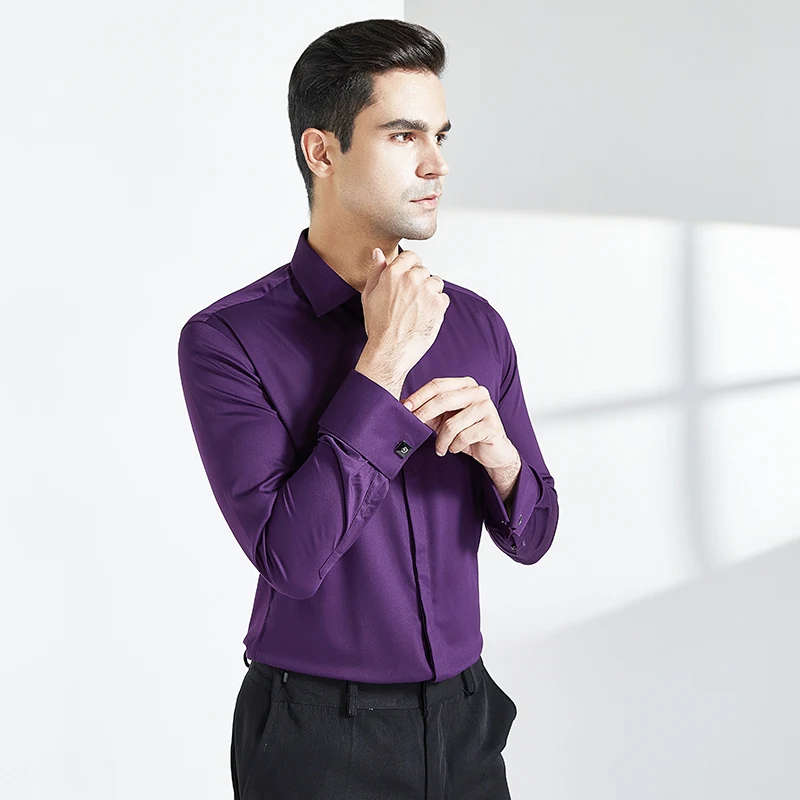 8X camisa de estilo francés para hombre, ajustada, de manga larga, formal de negocios, fibra de bambú, talla grande, color sólido, vestido formal para hombre, gemelos