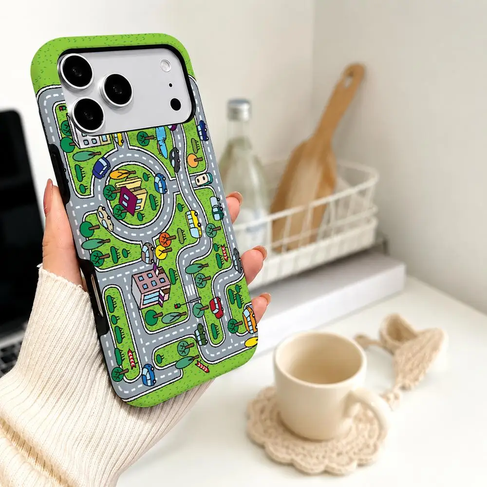 Kids Toy Car City Road Phone Case Film material 2-in-1 Shell FOR IPhone 17 16 15 14 12 17Air 16e 13 Pro MAX 16Plus Cover