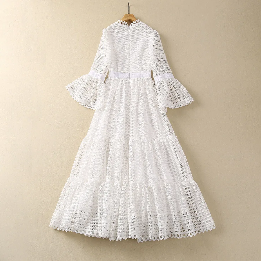 European and American women's clothes 2024 spring new V-neck Horn sleeve nine-minute sleeve white hollow Fashion pleated dress