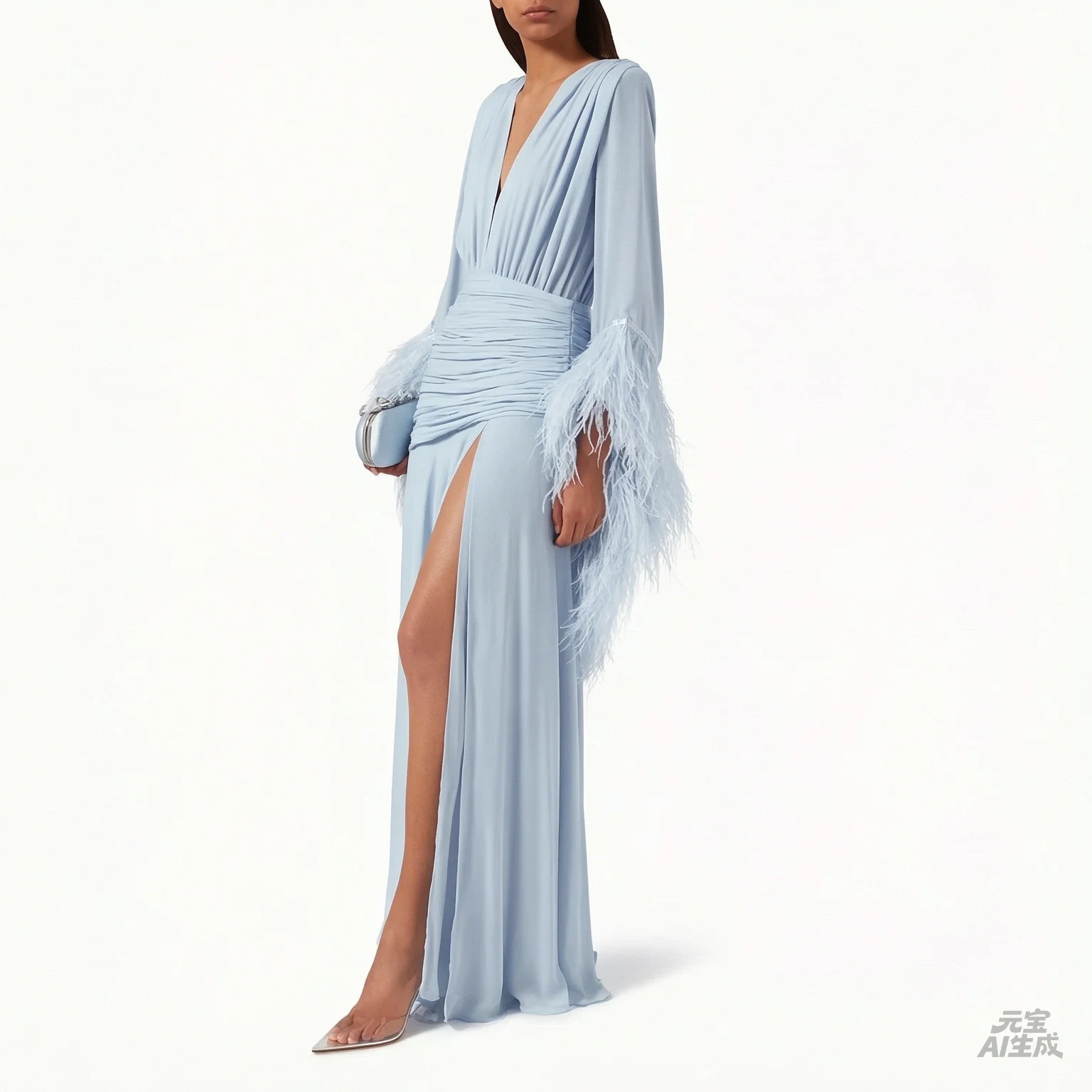 Customized V-Neck Side High Slit A-Line Prom Dresses Long Sleeve Elegant Evening Gowns Cascading Ruffle Party Dresses 2026 view 2
