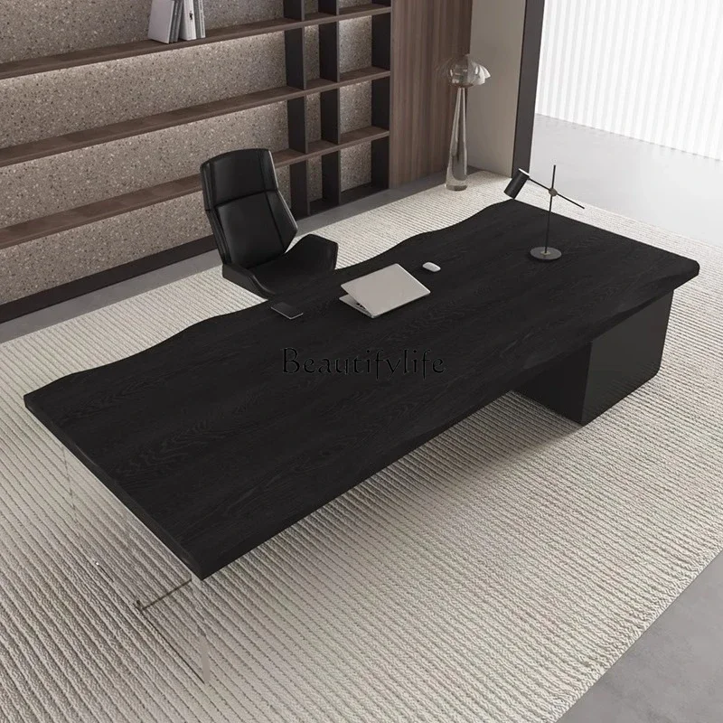

yj5 Light Luxury Minimalist Solid Wood Office Desk Modern Log Large Board Table Black Workbench