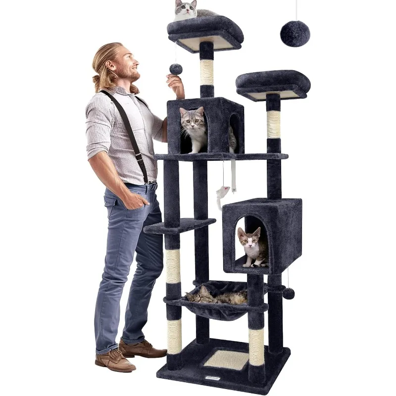 XL Cat Tree Tall, 70 inches Cat Tower for Indoor Cats Multi-Level Condos with Scratching Posts, Hammock, Hanging Mouse Toys