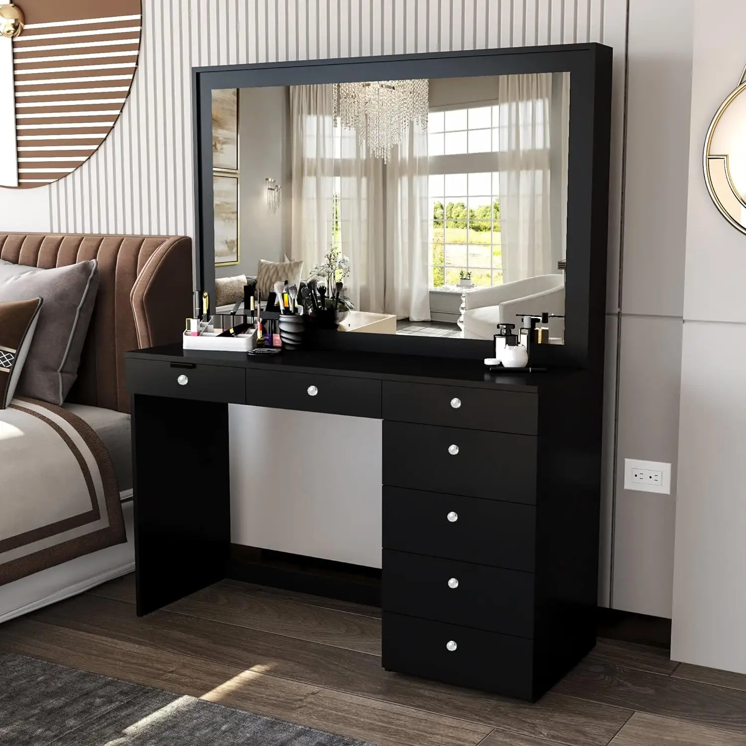 Vanity Makeup Desk with 7 Drawers,Vanity Dresser with Wide Hollywood Mirror, No Lights Add-on Included,White/Black