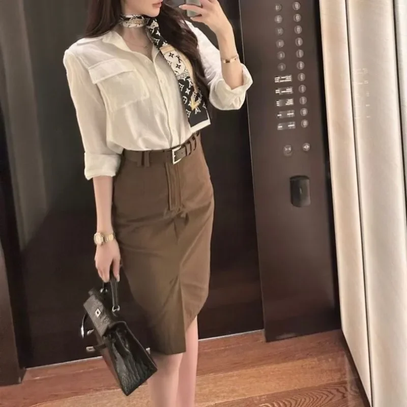 New Retro Split Office Lady Skirt Women French Vintage Elegant Spring Autumn High Waist Bodycon Skirts Solid Color Jupe