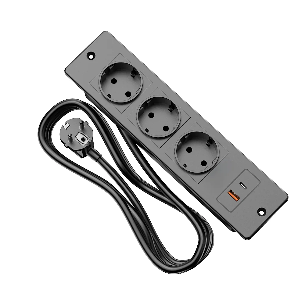 Recessed Power Strip 3 AC Outlets Fast Charging 1 USB‑A 1 Type‑C(5V2.1A ) with 1.5M Extension Cable for Desk Cabinet Home Office