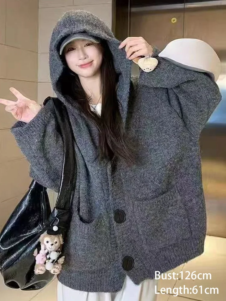 Otoño Invierno Casual suelto de manga larga de punto Cardigan mujeres suéteres con capucha de un solo pecho mujeres suéteres abrigo Tops de invierno