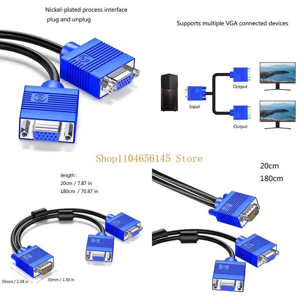 

5asd Double Port VGA Splitter Cable 1M to 2F Coppered Cores Connectors 20cm 180cm Length Selection