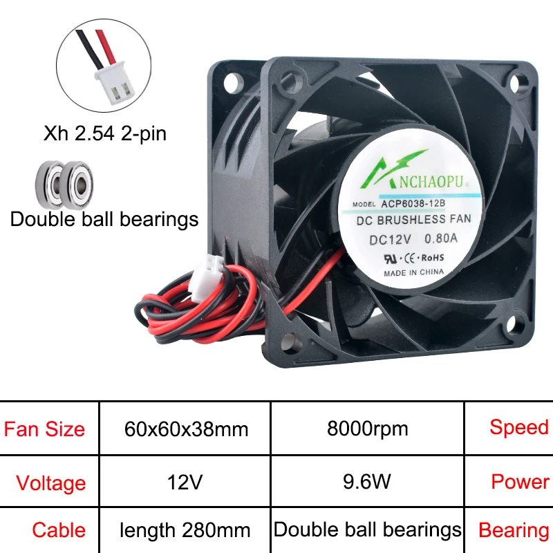 Wysokowydajny wentylator osiowy ACP6038 60x60x38mm 5V/12V/24V DC 2-Pin do chłodzenia zasilaczy serwerowych, komputerów i elektroniki. — zdjęcie produktu 5