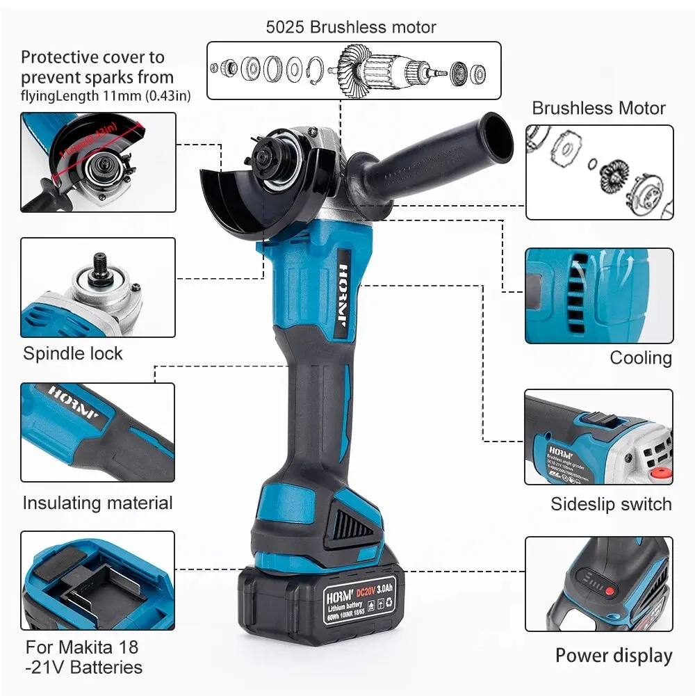 Hormy 100mm M10 Brushless Angle Grinder Cordless Electric Polishing Cutting Machine Polish Power Tool For Makita 18V Battery