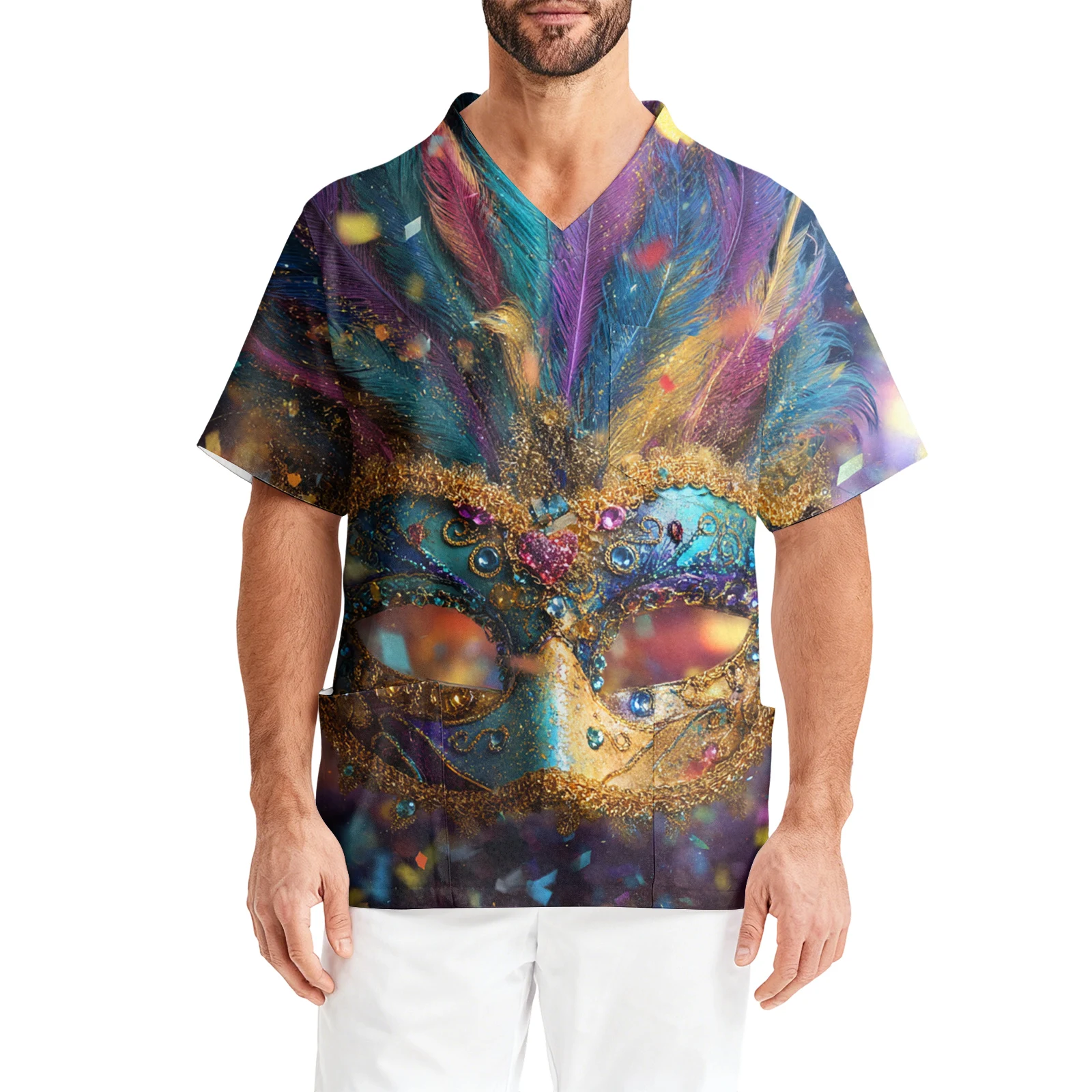 Uniforme d'infirmière à manches courtes et col en v, uniforme d'infirmière imprimé de carnaval, veste de soignant de poche, chemise à manches courtes pour hommes