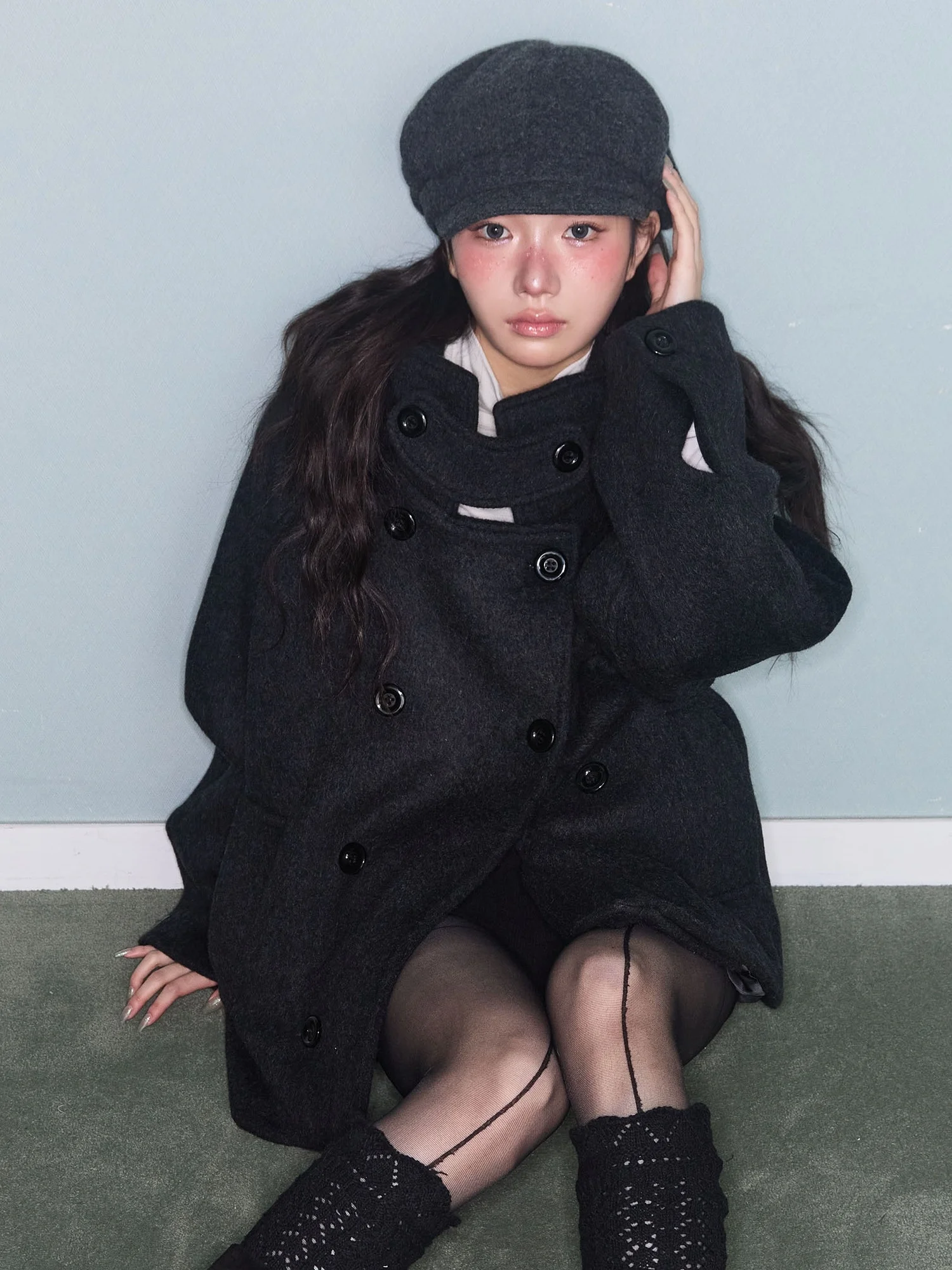 Korean Style Warm Loose Women's Woolen Coat Double Row Button Hat Design Winter Fashion Outerwear Short Length Suit Jacket