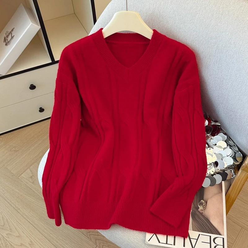 Pull torsadé Vintage à col en v pour femme, manches longues, coréen, décontracté, ample, bas, nouvelle collection automne hiver 2025