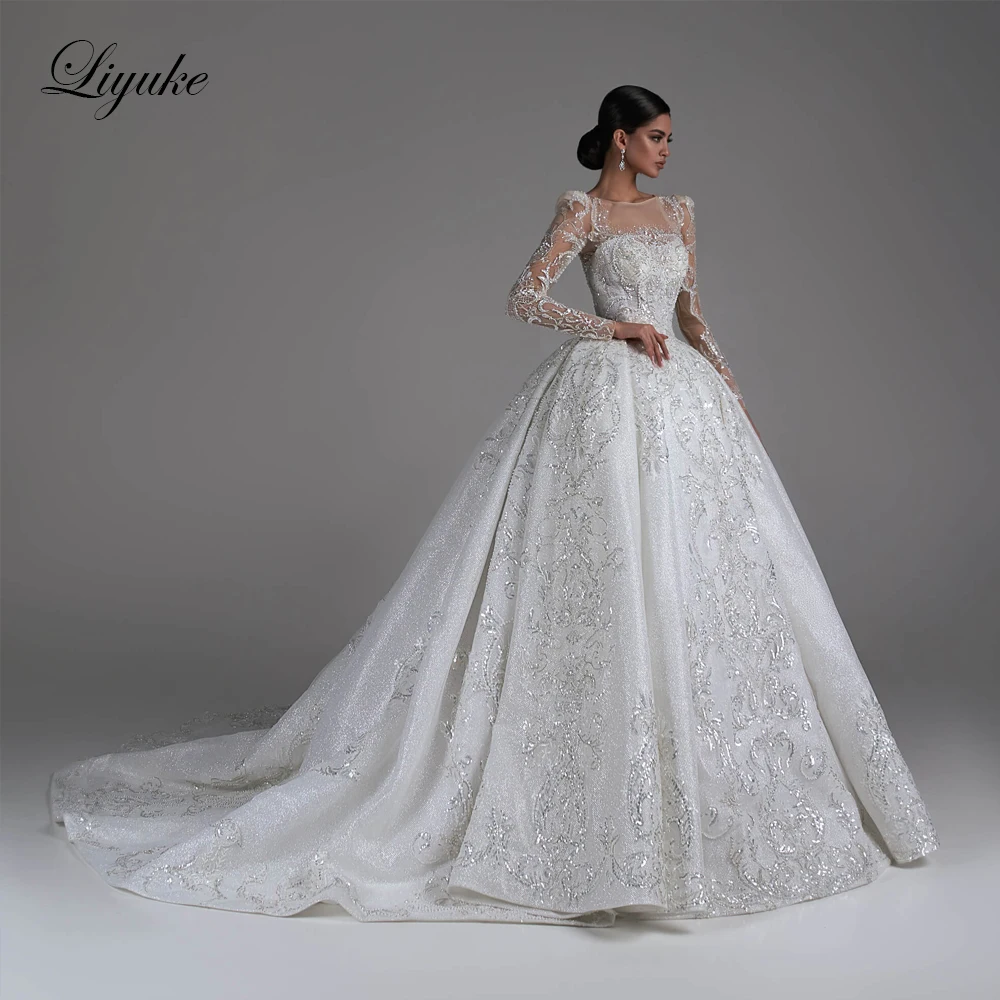 

Liyuke Exquisite Lace Full Sleeve Ball Gown Wedding Dress Of Stunning Beading Pearls Embroidery Appliques Bridal Skirts