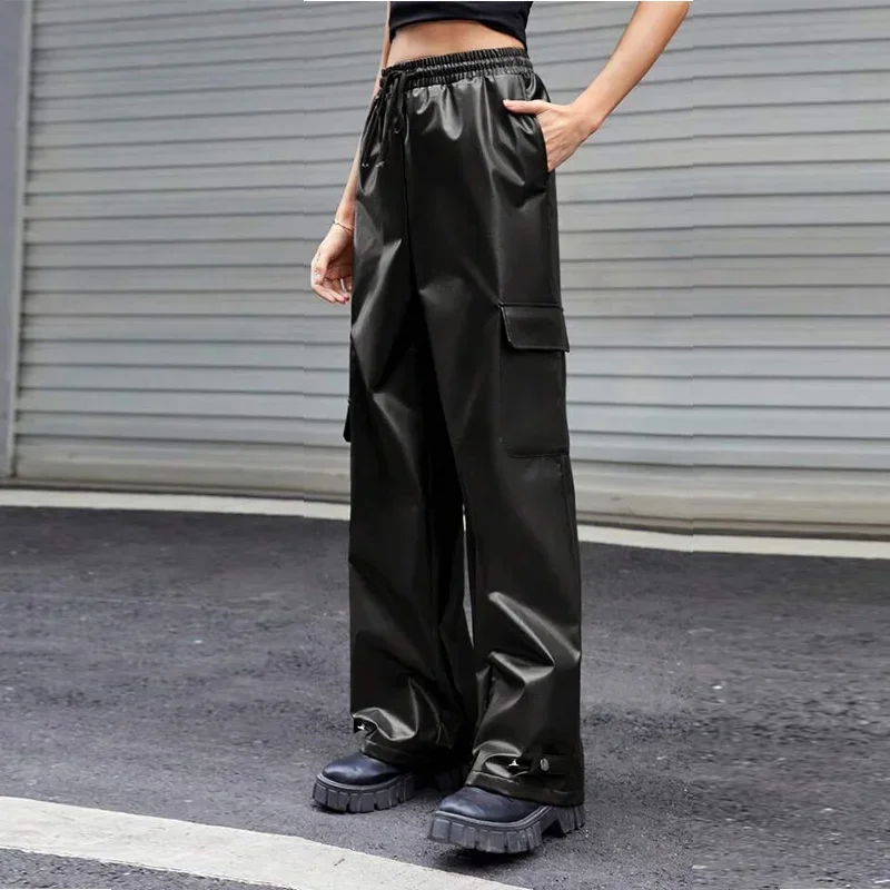 Matte Faux Leather Women Wide Leg Cargo Pants Stretch PU Lady Casual Trousers Fashion Couple Style New Hot Street Costume Custom