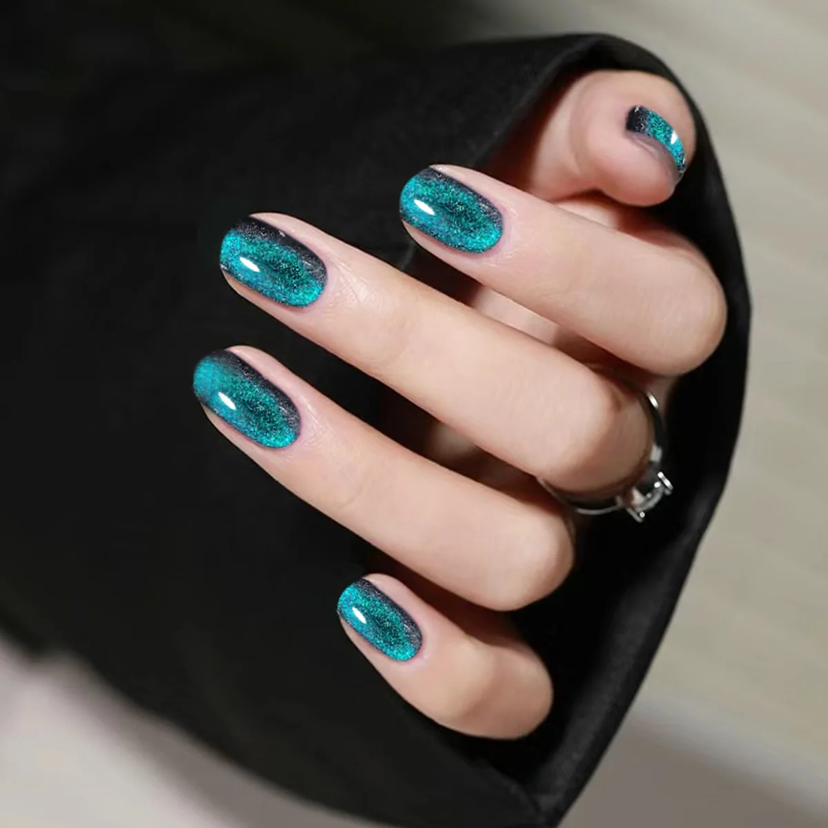 False Nails Short Square Lake Green Cat Eye Crystal Removable Press On Nails For Women Daily Dating Party Manicure Decoration