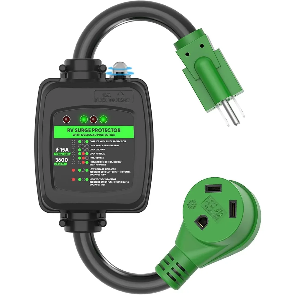سلك محول حماية من زيادة التيار RV 30 أمبير إلى 110 فولت مع حماية من الحمل الزائد، NEMA 5-15P إلى TT-30R، درج 2 قدم أخضر ETL #1