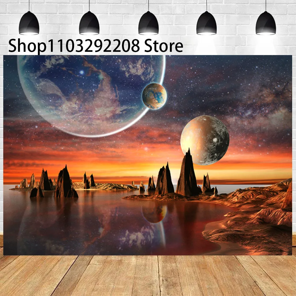 Outer Space Theme Universe Cosmic Galaxy Nebula Starry Sky Planet Backdrop Baby Shower Kids Portrait Photography Decor Supplies