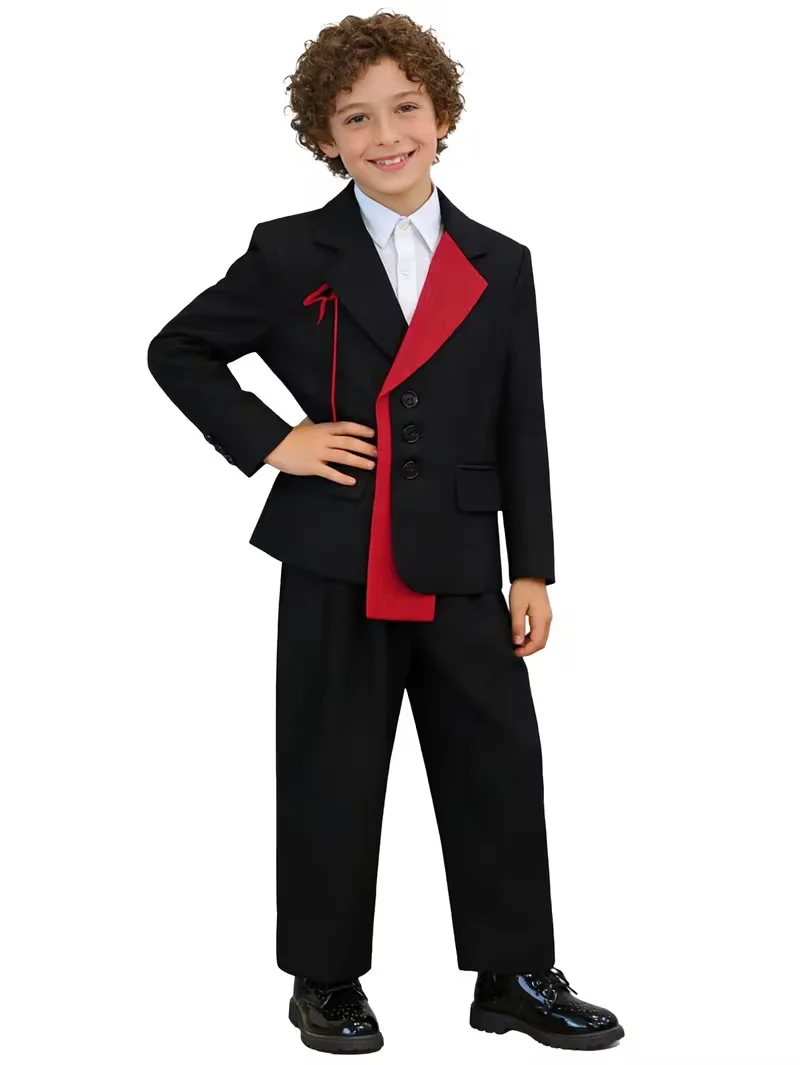 New Boys' Stylish Red Black Color Scheme Formal Outfit  for First Birthday Celebrations Grils Piano Performance Outfit