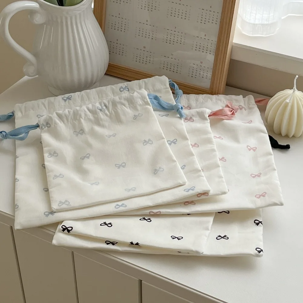 Casual Canvas Bundle Pocket Bow Printed Large Drawstring Storage Bag Medium Foldable Cotton Pouch School