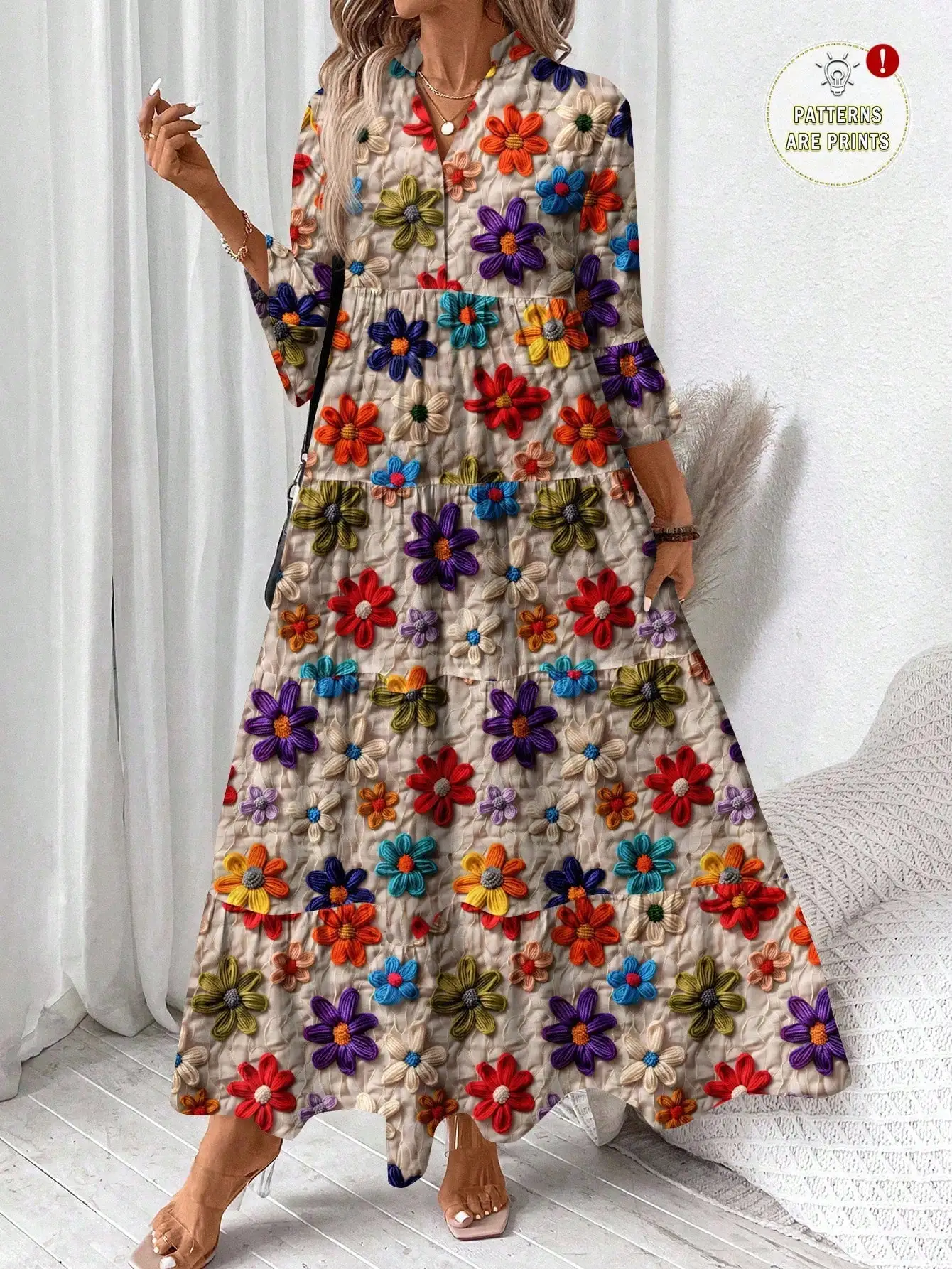 

Floral Print V-Neck Pleated Long Sleeve Loose Maxi Dress for Spring Summer