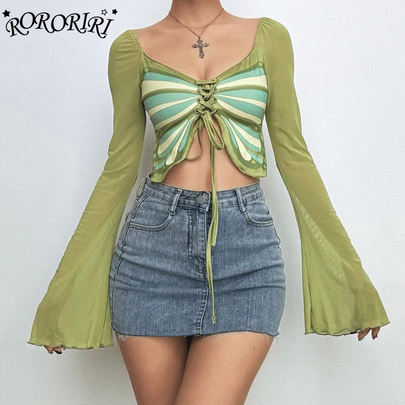 RORORIRI Y2k Butterfly Print T-shirt Women Multi-wear Patchwork Sheer Mesh Flare Sleeves Lace-up Bandage Halter Top Streetwear