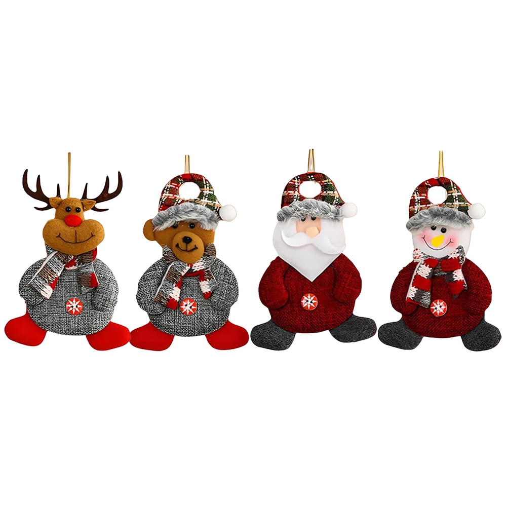 4pcs Christmas Tree Hanging Fabric Dolls Pendant Set with Snowman Deer Bear and Elderly Button Ornaments for Holiday Decoration