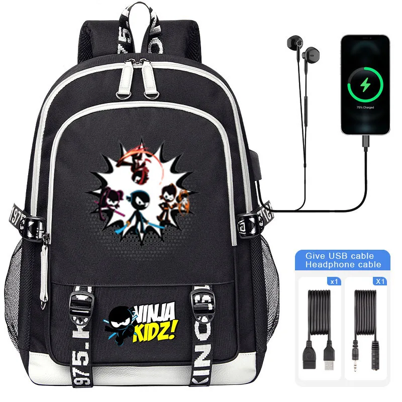 Mochila de dibujos animados Ninja Kidz para niño y niña, bolso escolar de gran capacidad para libros, bolso de hombro para ordenador portátil con USB, alta calidad