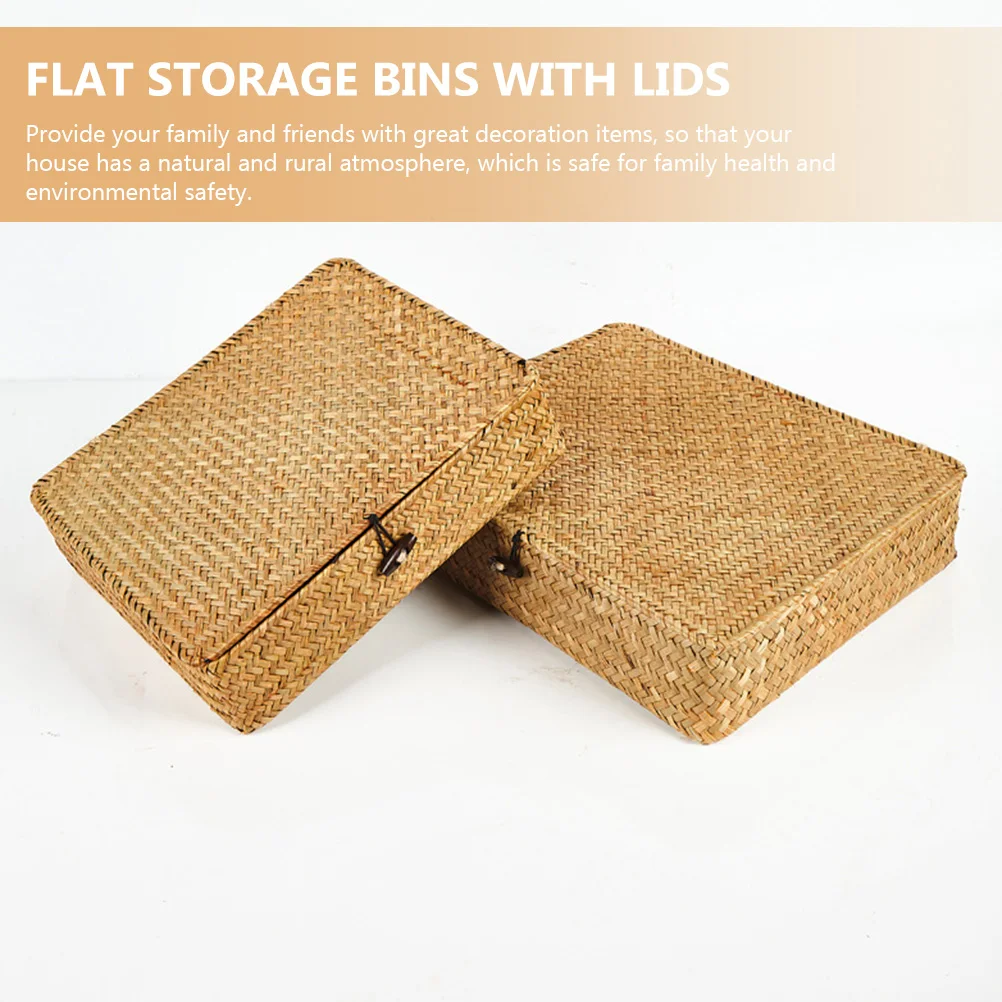 

2pcs Woven Storage Baskets Seagrass Basket with Lid Desktop Boxes Bins Rattan Child Sturdy Longlasting Safe Environmental