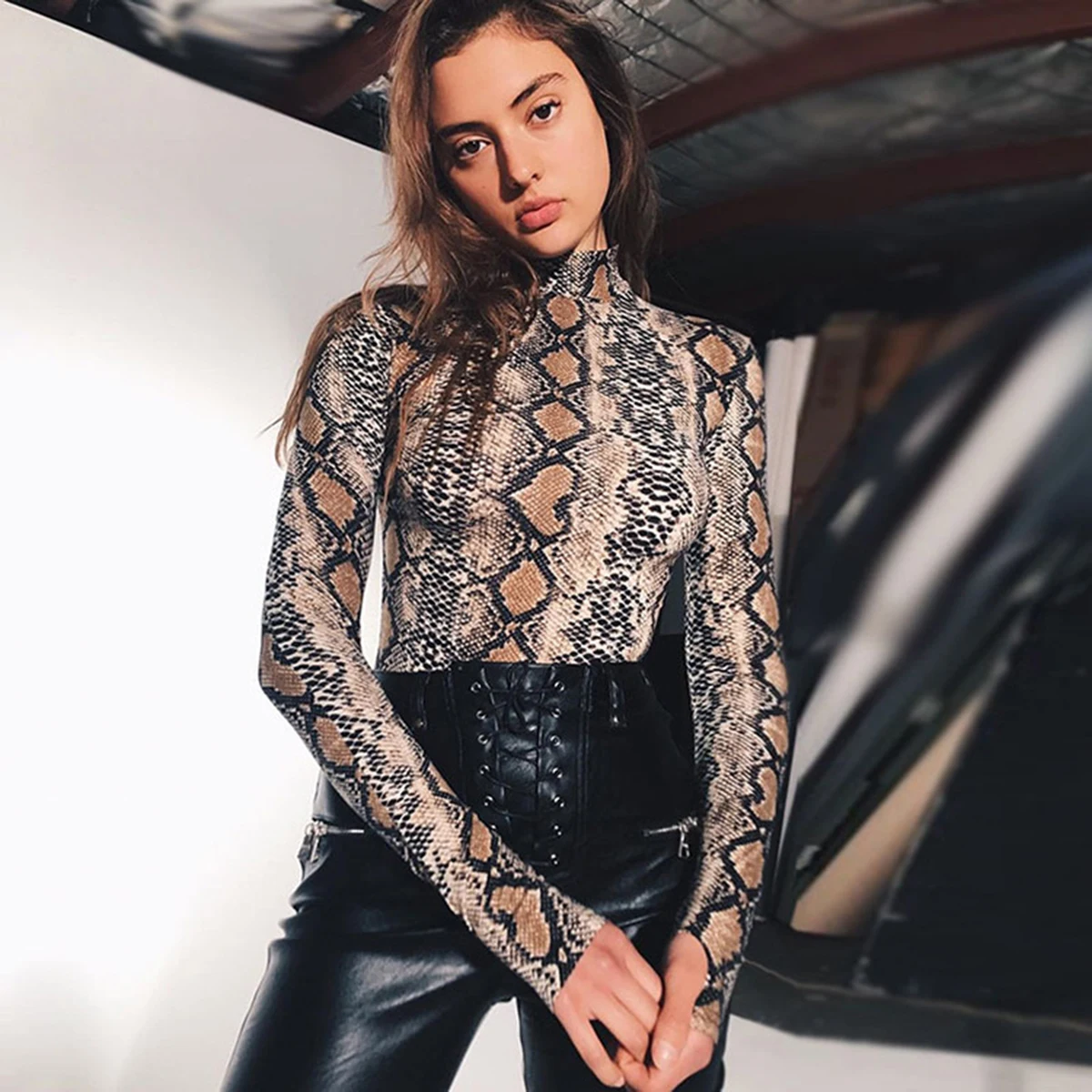 Fashion Snake Skin Print Women's Bodysuit Long Sleeve Mock Neck Body-Hugging Fit base Shirt