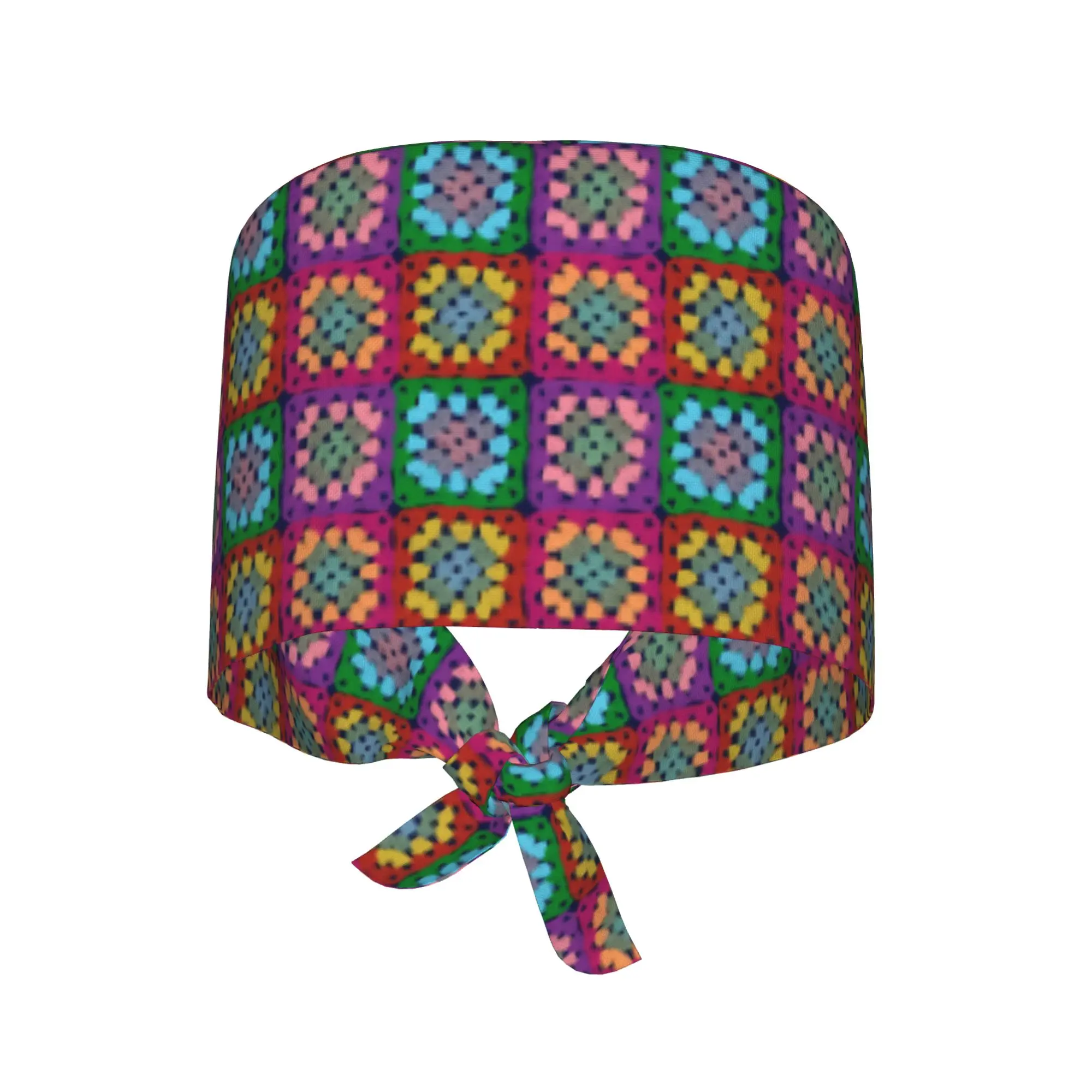 Boho Crochet Granny Squares Drawing On Dark Blue  WorkCap Work Working Cap Adgusted Fashion Printed Multi-Scenario