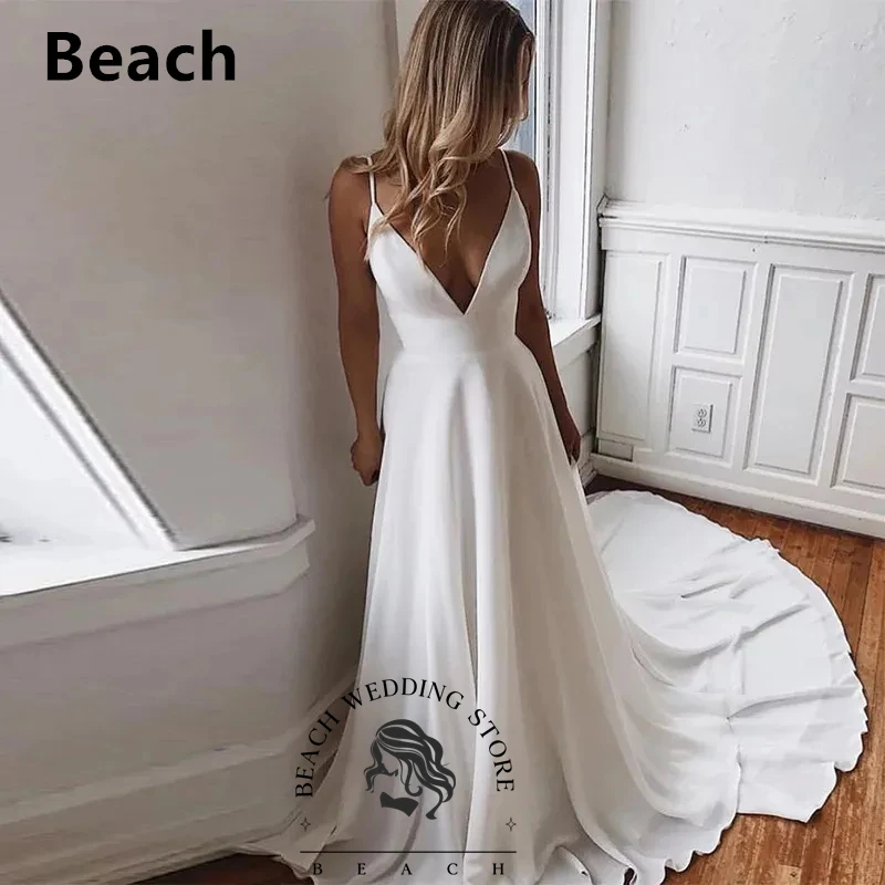 Praia personalizado cinta de espaguete com decote em v vestidos de casamento rendas apliques sem costas elegante vestido de noiva vestidos a linha trem varredura