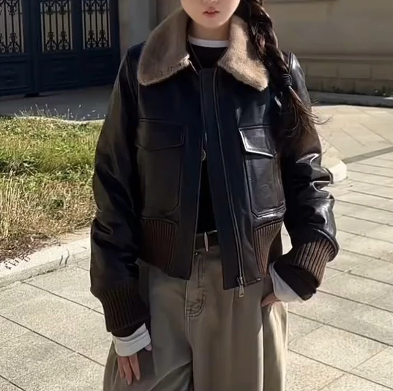 

Крутая женская кожаная куртка из овчины, свободное пуховое пальто с меховым воротником, слипоны для похудения, зимнее новое поступление от n Fur