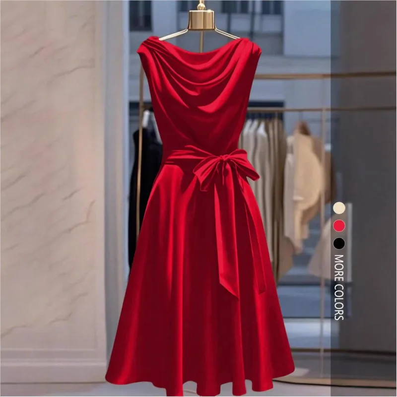 

Elegant Fashion Women Dress 2026 Swing Collar Sleeveless Waist Belted Lace-up Solid Color Casual Female Party Formal Gown Dress