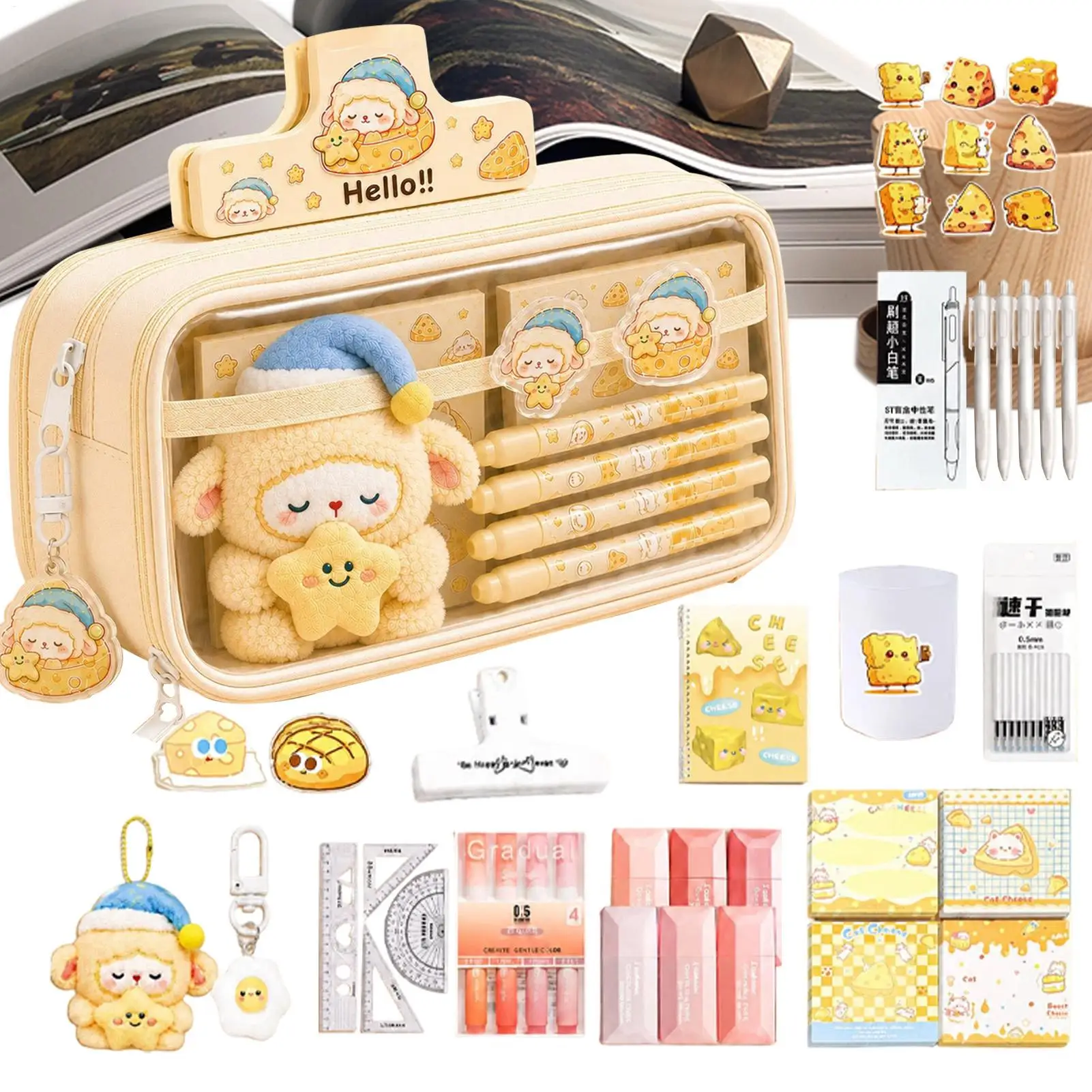 Cute Stationery Set Sheep Theme Pen Holder and Ruler Set Large Capacity Pencil Case for Students Writers Kids Teens Collectors