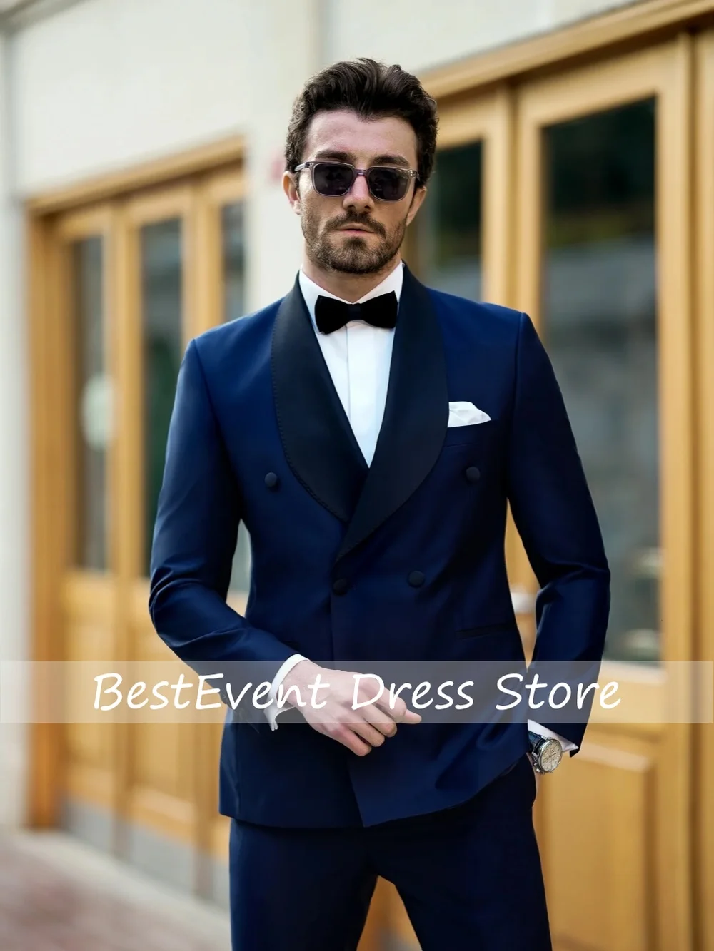 Navy Double Breasted Men's Suit Set Blazer Pants 2 Pieces Slim Fit Shawl Lapel Dresswear For Formal Business Occasion Customized