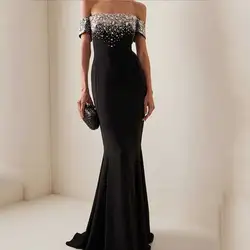 Customized Mermaid Jersey Evening Dress With Crystal Off The Shoulder Short Sleeved Strapless Backless Women's Sexy Sweep Train