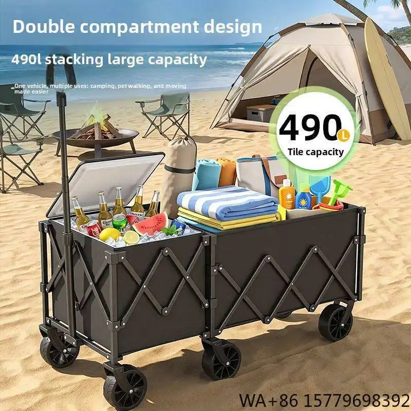 HSLJ TC-04 Heavy Duty Metal Large Capacity Folding Wagon Cart 4 Wheel Portable Outdoor Trolley 95x60x66cm Camping Beach Picnic