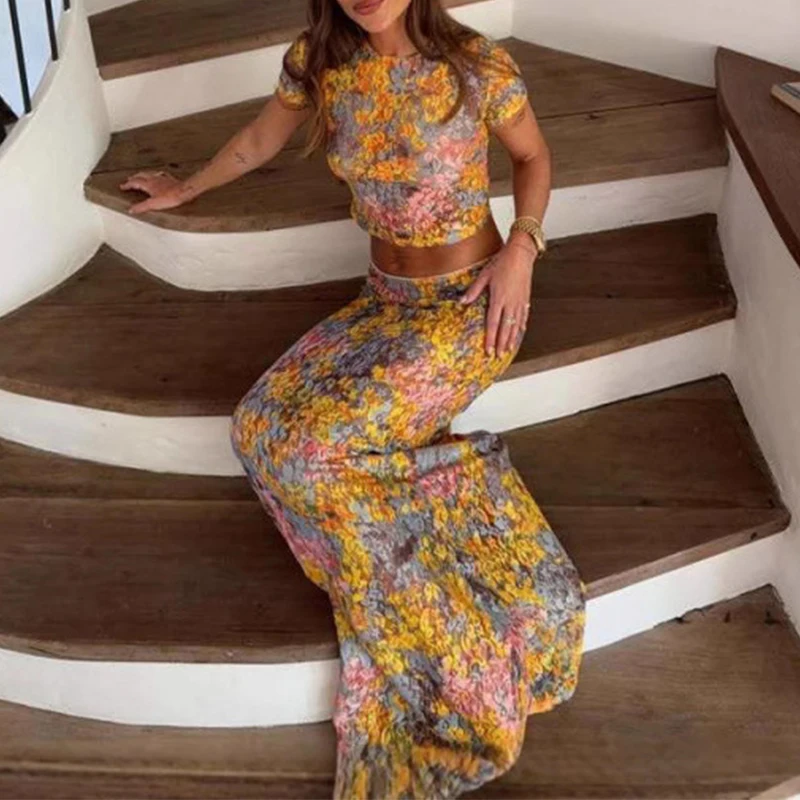 

Elegant O-neck Slim Fit Party Outfits Casual Short Sleeve Pullover Top and Skirt Suit Women Elegant Printed Hight Street 2Pc Set