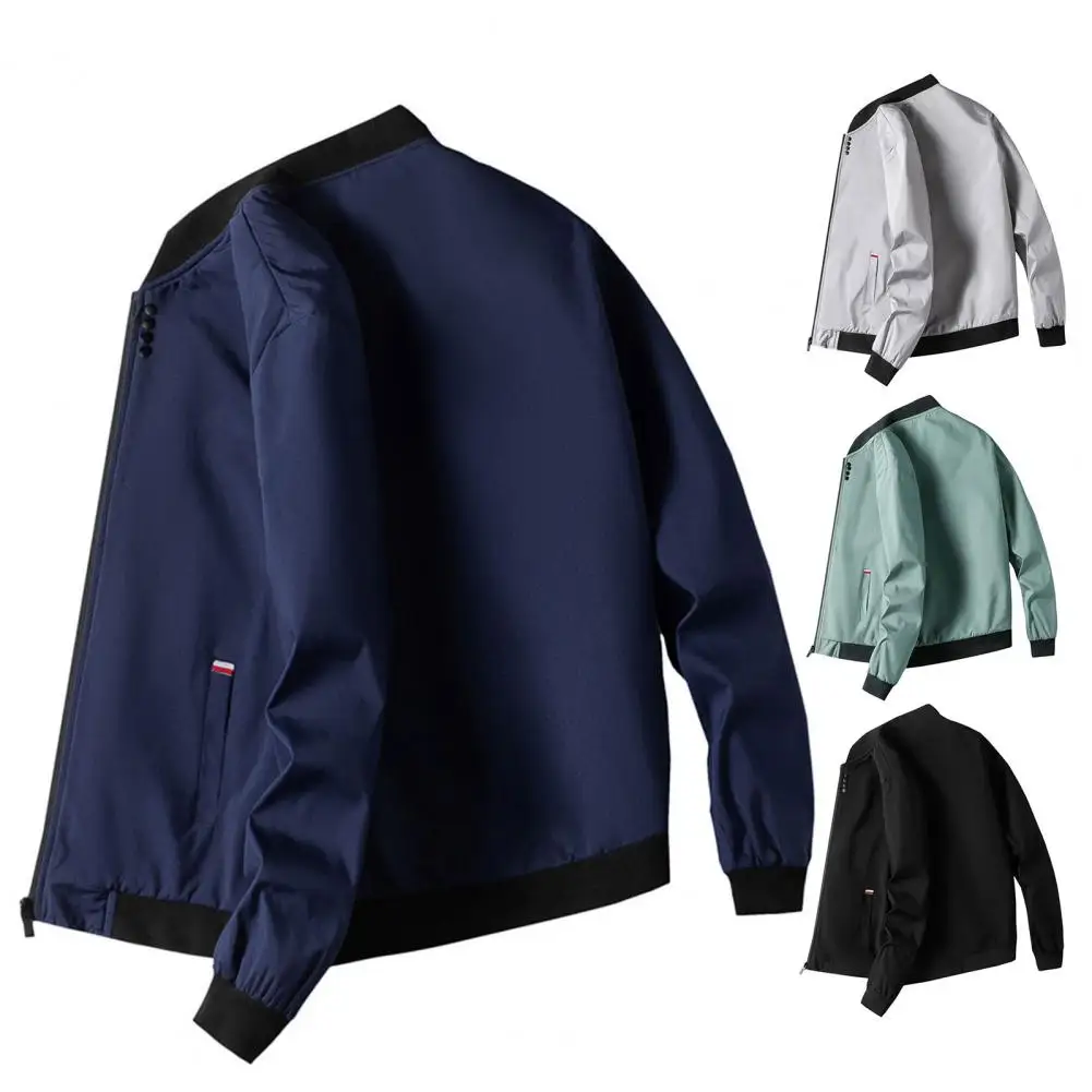 Men Jacket Men's Stand Collar Baseball Jacket with Zipper Placket Pockets Coat for Spring Fall Lightweight Elastic Hem Coat