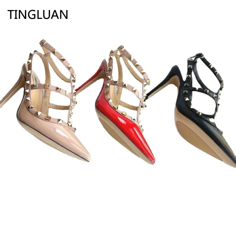 

Luxury Woman Sandals High Heels Sexy Rivets Shoes 2022 Summer Genuine Leather Thin Heel 6cm 8cm 10cm Wedding Shoes 34-44 No Box