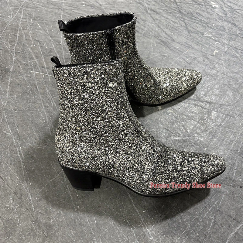 Men's Silver Sequined Chelsea Boots Trendy Genuine Leather Pointed Toe Zipper High Heel Short Boots Party Banquet Dress Shoes