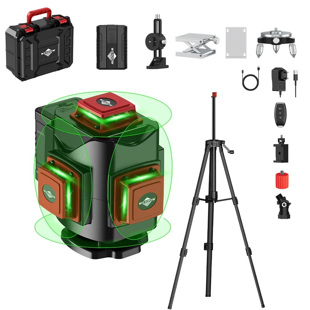 WEIDDW 4D16 Lines Professional Laser Level 360 Self Leveling With Rechargerable Lithuim Battery l Green Laser Beam Build Tools