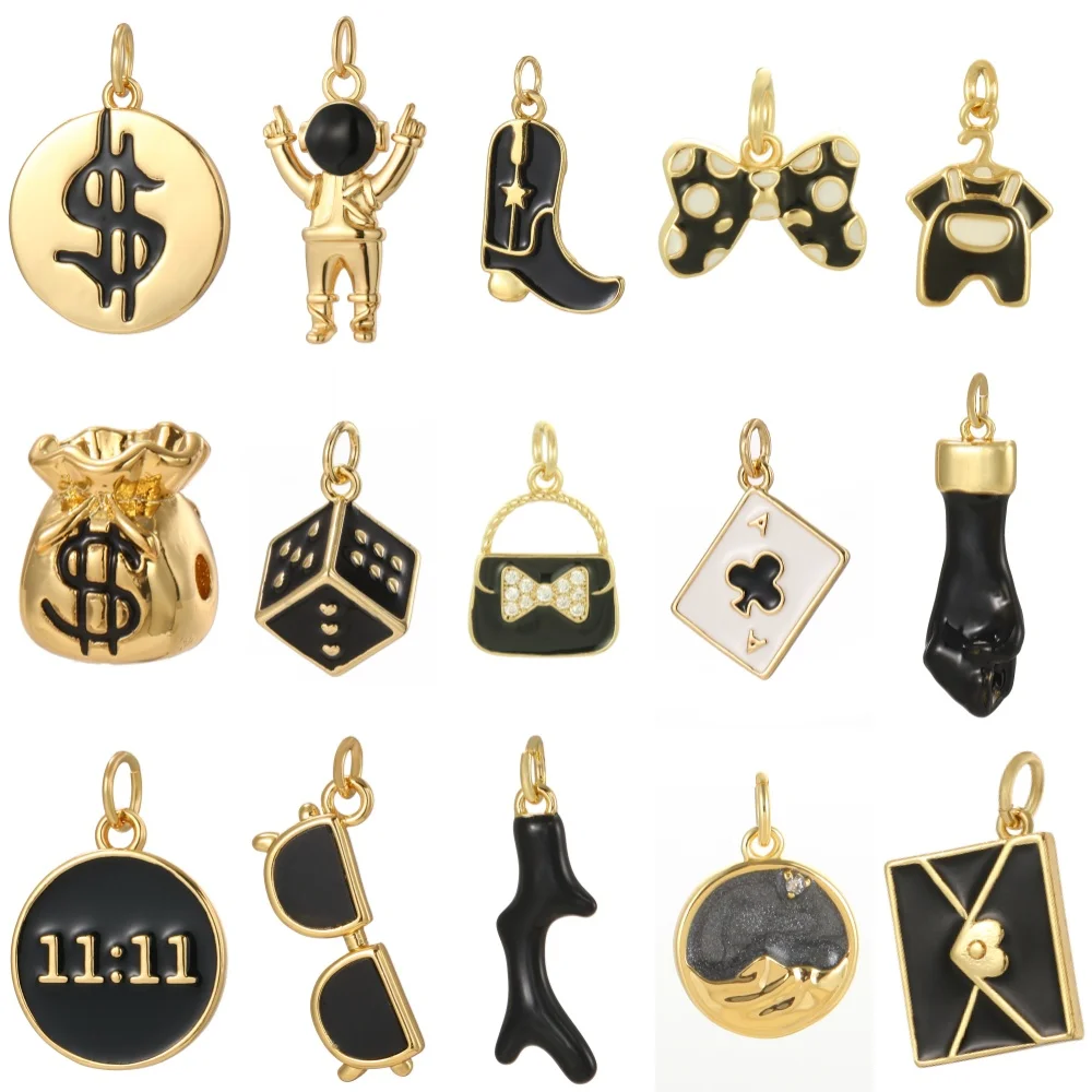 3 pièces noir mignon émail dés sac enveloppe bottes lunettes pendentif à breloque fabrication de bijoux bracelet à bricoler soi-même collier accessoires en gros