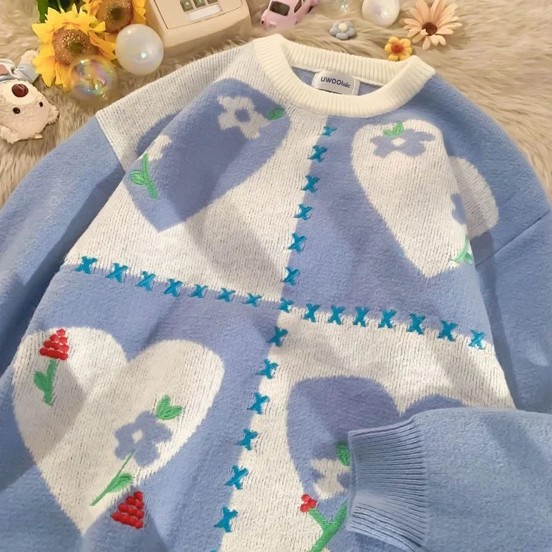 

2025 Sweet Floral Embroidery Sweater Women Autumn/winter Loose O-neck Harajuku Kawaii Fashion Sweet Pullovers Woman