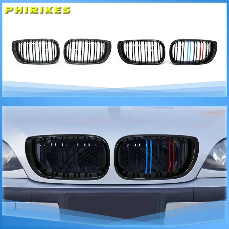 1Pair Car Front Kidney Grills Gloss Black Double Slat Hood Grill for BMW 3 Series E46 2002-2005 Racing Grille Car Replacement