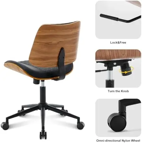 BV Small Desk Chair, Bentwood Back, Swivel Task Chair, Faux Leather, Black