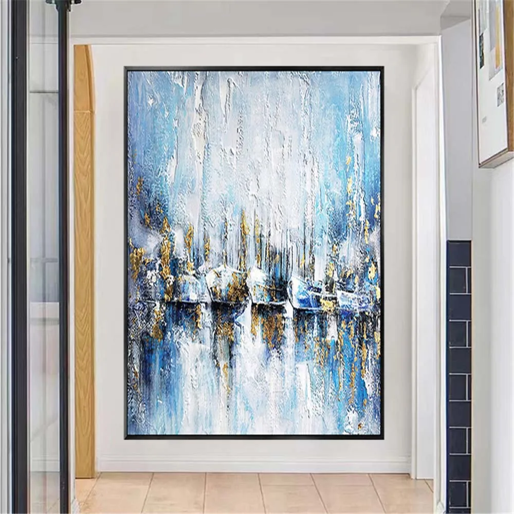 

High Quality Pure Handmade Modern Art Seascape Oil Painting On Canvas Ice Blue And Gold Sailboat Landscape For Home Decor Mural